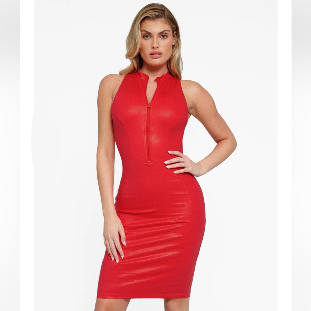 Popilush Shapewear Sculpting Faux Leather Zip Front Midi XL